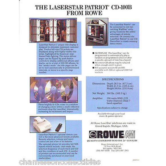 Rowe LASERSTAR PATRIOT CD-100 Original NOS 1990 Phonograph Music Jukebox Flyer - Picture 2 of 2